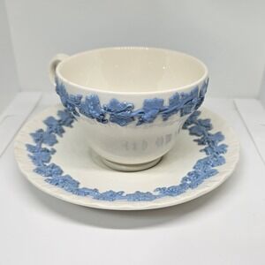 Wedgwood Embossed Queens Ware Tea Cup Saucer Set Blue Grapevine Cream Etruria